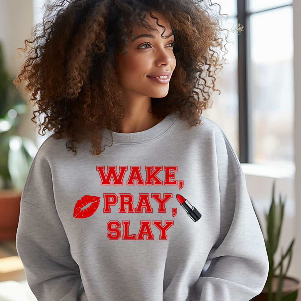 Wake, Pray, Slay gray crewneck